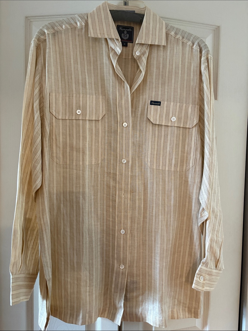 Faconnable Beige and White Striped Button-Up Shirt